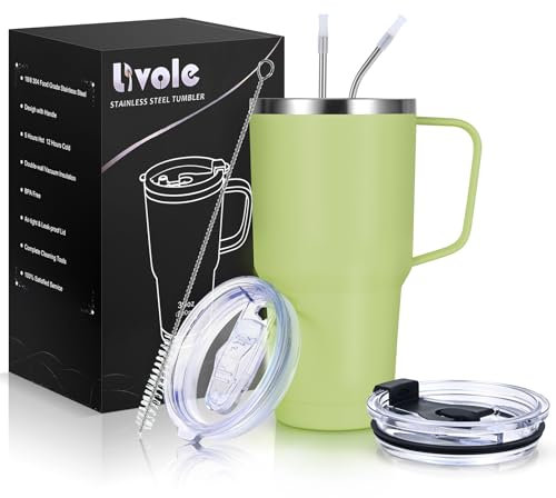 Livole 30oz 900ml Travel Tumbler with Handle, Insulated Vacuum Travel Coffee Mug, Stainless Steel Water Bottle Flask, Double Walled Leakproof Thermal Mug for Sports, Office, Home, Light Green