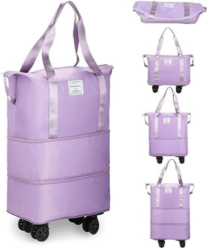 Bolsa de Lona con Ruedas, Bolsa de Lona Plegable expandible con Ruedas y asa para Viajes, Bolsa de Viaje de Fin de Semana con Ruedas Desmontables para Mujeres y Hombres, Violet, Refer to,