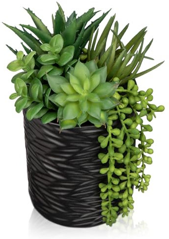 Oairse 25cm Artificial Succulents in Pots Faux Succulents Plants Fake Succulent Arrangement Potted Plants with Black Ceramic Vase for Office Desk Bathroom Shelf Living Room Indoor Home Decor