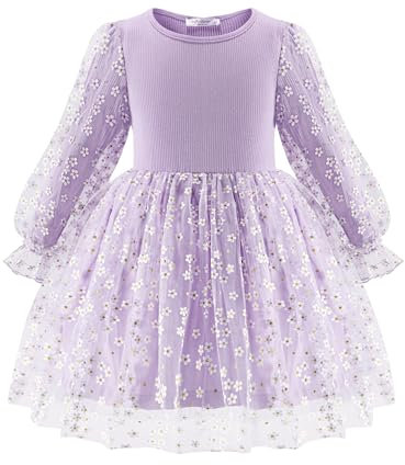 Arshiner Girls Dresses Tulle Kids Long Sleeve Dresses Lanternes Manches A-line Round Neck Dresses Party Autumn Winter Dress for Girls 6-7 Years Light Violet