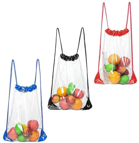 LZYDKH 3 Stück Durchsichtiger Rucksack, Turnbeutel Transparente Tasche Kordelzugbeutel Transparent Kordelzug Sportbeutel für Festival Schule Outdoor Reisen (Schwarz, Rot, Saphirblau)