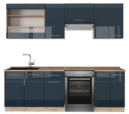 Vicco Küchenzeile Fame-Line, Dunkelblau Hochglanz/Goldkraft Eiche, 240 cm, AP Marmor