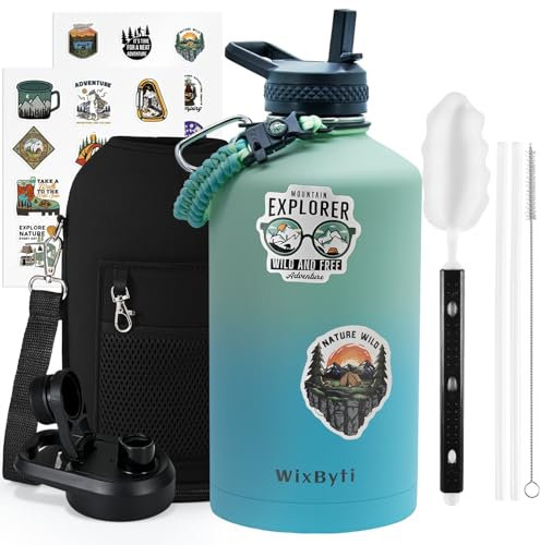 WixByti Bouteille d'eau isotherme, triple paroi sous vide pendant 48 heures, étanche et sans BPA, grande carafe d'eau de sport en acier inoxydable de 3,7 l avec poignée en paracorde, couvercles à bec