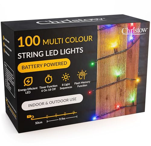 CHRISTOW Christmas Fairy Lights Battery Operated, Multi-Coloured LED String Lighting with Timer, Indoor & Outdoor, 8 Light Modes Flashing & Static, Green Cable (100 LED / 10m Lit Length)
