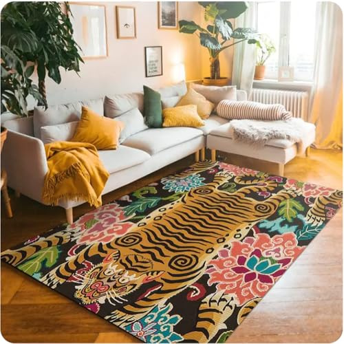 YANGECHEN Tibetischer Tiger Und Blumen Bereich Teppich Vintage Tier Bereich Teppich Bunter Teppich Für Wohnzimmer Anti-Rutsch Bodenmatte 120X160Cm