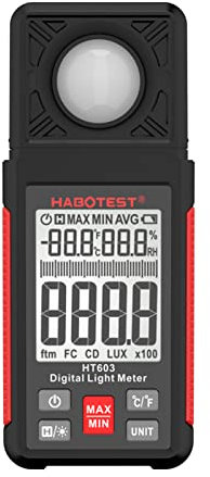 HT603 Luxmetro Digitale Misuratore di Luce 200.000 Lux Misuratore di Illuminazione Digitale con Display LCD Retroilluminato Misuratore di Umidità Ambientale e Temperatura
