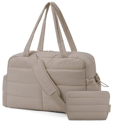bagsmart Reisetasche Sporttasche Damen, 31L Wasserabweisend Puffer Handgepäck Tasche Weekender Bag Gesteppt Laptop-Handgepäck mit Kosmetiktasche, Kliniktasche Geburt für Gym, Fitness, Arbeit, Kamel