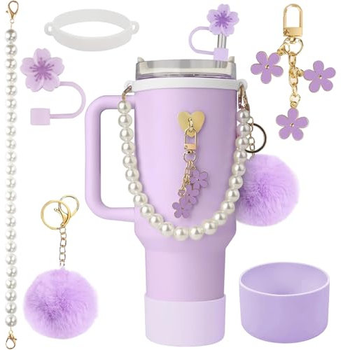 7 Pcs Stanley Cup Accessories Set, Water Bottle Handle Strap, Stanley Straw Cover, Stanley Cup Boot, Stanley Charms for Stanley Cup 30oz & 40 oz Tumbler (Purple)