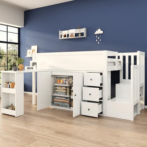 Cama alta para niños, cama infantil multifuncional, con escritorio extensible y compartimento lateral de almacenamiento, con armario, con cajón, con escalera y armario para escaleras, MDF, color