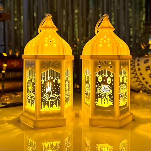 Ramadan Laterne,2PCS Ramadan-Laternen,Ramadan Dekoration Islamische Deko Ramadan Tischdeko فوانيس رمضان,Eid Mubarak Dekoration Laterne Mond Stern Windlichter Tischdeko für Muslimische (Gold)
