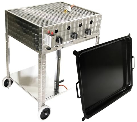 Edelstahl Gasbräter Gasgrill 10 kW fahrbar – 3-flammig mit Grillpfanne, Gestell, Gasschlauch & Druckminderer – Profi Gastro & Camping (Set 6 – Gasbräter + Pfanne + Grillset + Gestell)