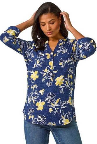 Roman Shirt for Women UK Ladies Top Collarless Blouse Stretchy Tunic Smart Casual Autumn Winter Jersey 3/4 Length Sleeve Notch V Neck Flattering Office Work - Yellow Floral - Size 20