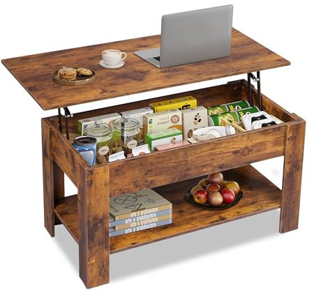 WLIVE Couchtisch Höhenverstellbar und Ausziehbar, Wohnzimmertisch Holz mit Verstecktem Fach und Offenem Regal, Kaffeetisch, Holzkohle Schwarz (Industriell, Rustikales Braun)