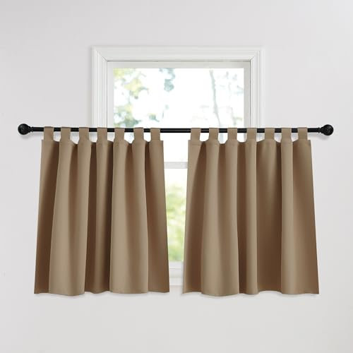 PONY DANCE Gardinen Küche Modern Kinderzimmer Vorhänge mit Schlaufen Verdunklungsvorhänge Kurz Fenstergardinen Schlaufenschal 2er Set H 90 x B 140 cm, Cappuccino