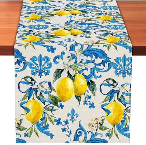 Blue Lemon Table Runner 13 x 72 Inch – Mediterranean Summer Table Decor for Kitchen Dining, Rustic Farmhouse Table Linen for Spring Party, Italian Style Fruit Table Cloth for Home and Outdoor