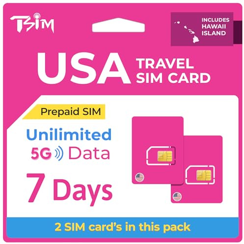 Prepaid SIM-Karte USA Reise – 2er Pack | 7 Tage | Unbegrenzte 5G-Daten, Anrufe & SMS im T-Mobile-Netz (Hawaii inbegriffen) | Aufgerüstete 5G-SIM-Karte!