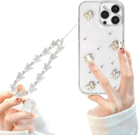 xoniery Clear for iPhone 16 Pro Max Case with Cute 3D Butterfly Aesthetic Pattern Case for Women Girls with Chain Wrist Strap Soft TPU Bumper Shockproof Protective Slim Anti-Yellow Cover
