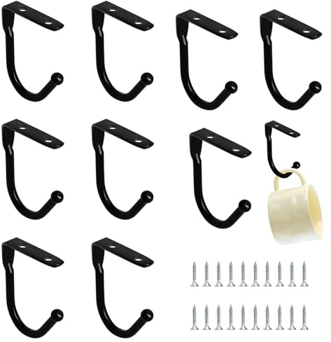 Vrexziy Cup Hooks, 10Pcs Black Wall Mounted Cup Holder, Mug Hooks Under Shelf Wrought Iron Mug Hook Equipped with 20 Screws for Storing Kitchen Utensils Frying Pans Coffee Cups