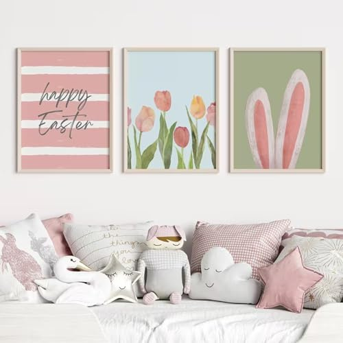 Uixxducc 3er Moderne Poster Set Osterdekoration Tulpen „Frohe Ostern“ Frühlingsmotiv Wandkunst Bilder Wanddeko Wohnzimmer & Küche & Esszimmer Deko Ohne Rahmen (30x40cm,A)