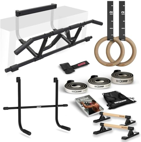 NEOLYMP Calisthenics Set – Komplettset mit Klimmzugstange Türrahmen, Turnringen, Liegestützgriffen, Dip Barren & Resistance Bands – Profi Calisthenics Equipment für Zuhause – Home Gym