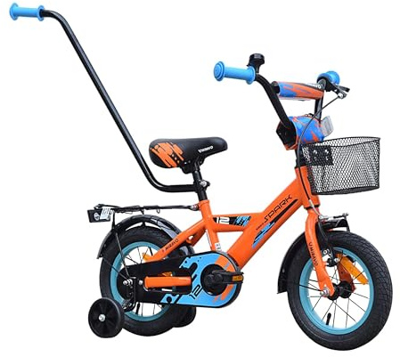 MIRAVO Kinderfahrrad für Jungen von 3-8 Jahren mit Schubstange - Leichtes Fahrrad für Kinder mit Korb - V-Brake Bremsen - Spark