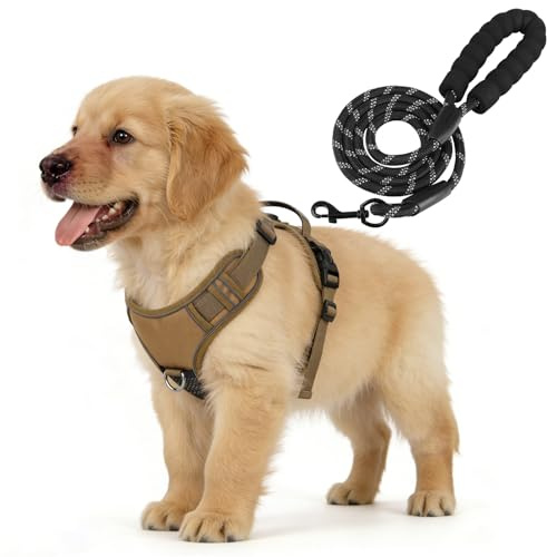 YooxArmor Hundegeschirr Mittelgroße Hunde und Leine Set,Khaki M | No Pull Verstellbar Anti Zug Geschirr mit Griff & 2 D-Ringen,Atmungsaktiv Reflexstreifen & Sichere Führung,Einfach Anzulegen