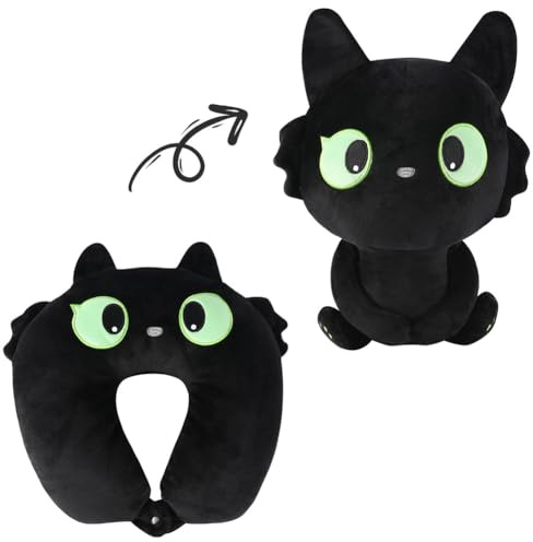 Alaoo Nackenkissen Kinder, Schwarze Katze Nackenkissen, Memory Foam Nackenstütze, 2-in-1 Verwandlungsfähiges Schwarze Katze Nackenhörnchen und Plüschtier, für Auto Büro Heim Flugzeug
