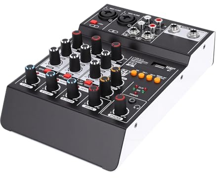 SUNGOOYUE 4-Kanal-Soundmixer, Bluetooth-USB-MP3-DJ-Mixer mit 48-V-Phantomspeisung und 6,35-mm-XLR-Eingängen, für Computeraufnahmen, Karaoke-Studio-Live-Streaming
