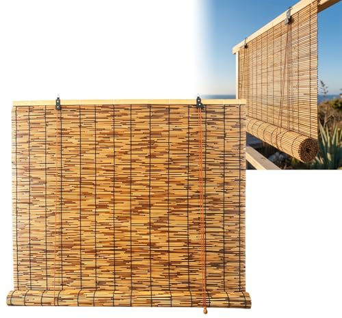 Natur Bambus Rollo für Außen Balkon, Dunkelbraun Wetterfest Bambusrollo Ohne Bohren, 60 70 80 90 100 110 120 130 140 160 cm Breite Retro Sonnenschutz Sichtschutz Rollo(W110 cm x H120 cm)