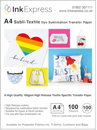 Ink Express Subli-Textile High Release (HR) Sublimationspapier, 100 g/m², Packung mit 50 Stück A4