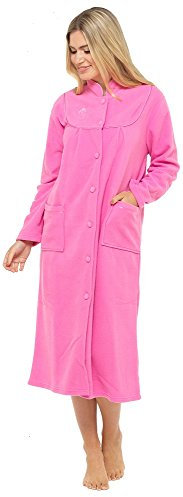 Ladies Warm Fleece Long Sleeve Button & Pockets Front Soft Dressing Gown Jacket (22-24, Dark Pink)
