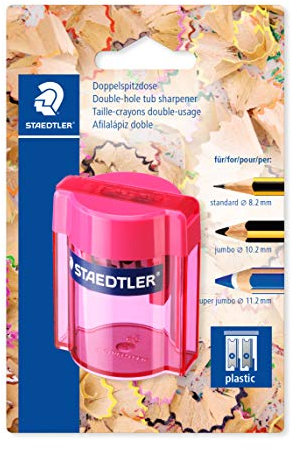 STAEDTLER 513 – Blister 1 Anspitzer Kunststoff 2 Verwendungen mit Behälter transparent verschiedene Farben
