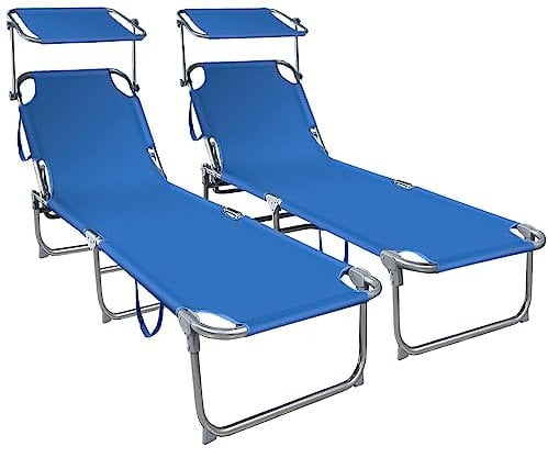 VOUNOT 2er Set Sonnenliege mit Dach, Klappbare Strandliege, Gartenliege Liegestuhl, Sonnendach und Rückenlehne Verstellbar, 190 x 58 x 27 cm, Blau
