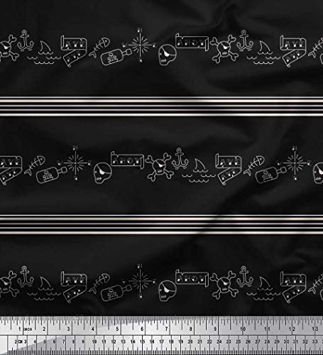 Soimoi Schwarz Baumwoll-Voile Stoff Streifen, Ankerhaken & Totenkopf Halloween Stoff Meterware 56 Zoll breit