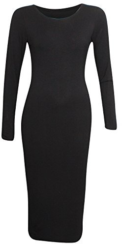 Candid Styles New Womens Ladies Summer Long Sleeve Stretch Plain Bodycon Midi Maxi Dress 8-26, M/L 12-14, Black