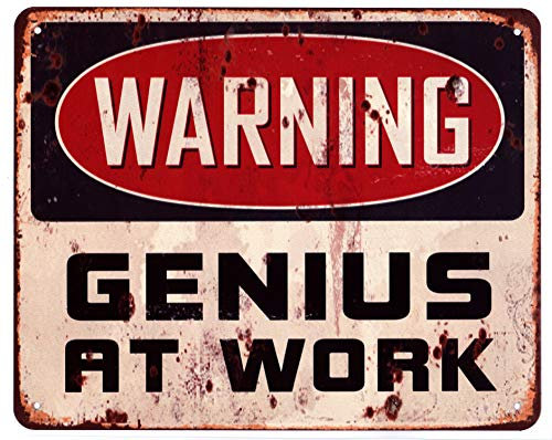 Blechschild Warning Genius at Work 20 x 25 cm Deko Schild mit Aufdruck Aufschrift