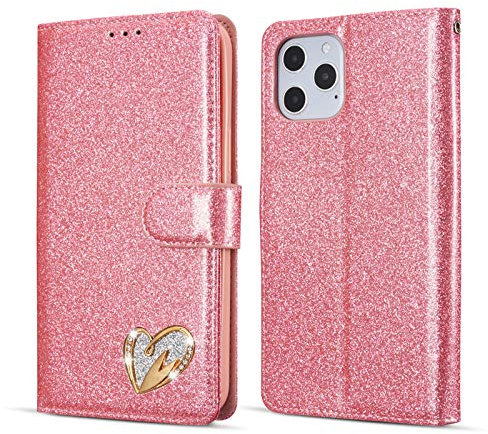 QLTYPRI Compatible with iPhone 12/iPhone 12 Pro Case, Glitter PU Leather TPU Bumper Card Holder Wrist Strap Wallet Case with Inlaid Heart Diamond Shockproof Flip Phone Cover - Pink