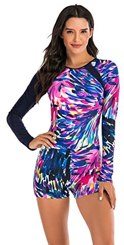 BEACHKINI Mujer Traje de baño con protección Solar, Traje de baño de Manga Larga, Ropa de Surf de una Pieza con Cremallera, Protectores contra erupciones,Colorful Blue,S