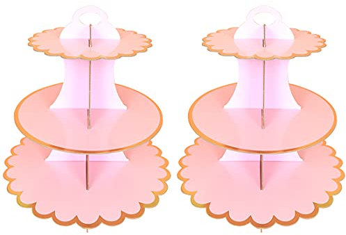 2 Pack Cake Stand Cardboard Cupcake Stand 3 Tier Cupcake Dessert Holder Cardboard Round Tower Cardboard Cake Stands for Birthday, Party, Anniversary, Baby Showers (Rose)