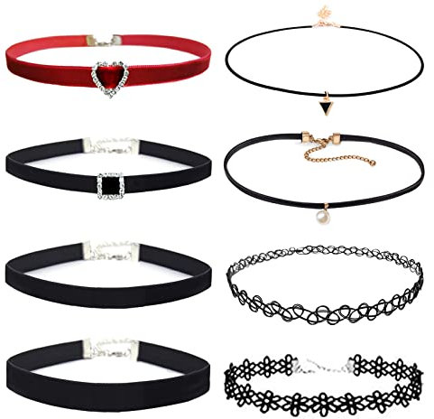 EQLEF Choker-Halsketten für Frauen 8-teilig, klassisches Choker-Set für Mädchen, rot, schwarz, Samt-Choker, Spitzen-Choker, Tattoo-Choker-Halskette für Alltag und Party(Schwarz und Rot)