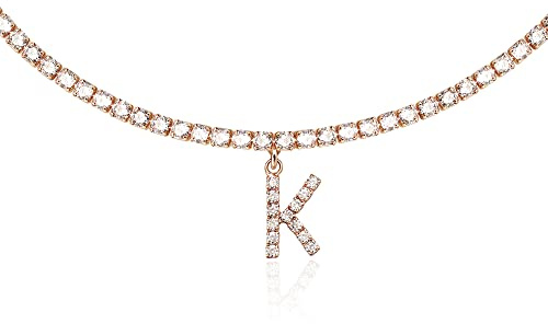 Rose Gold Initial Necklaces for Women, 14K Rose Gold Plated Tennis Chain Necklace Cubic Zirconia Initial Tennis Necklace, Bling CZ Letter Tennis Necklace for Women Girls Initial K Necklace