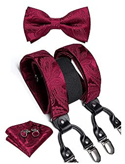 DiBanGu Paisley Fliege und Hosenträger für Herren Heavy Duty Clip Hosenträger Verstellbare Elastische Y-Back Herren Hosenträger, Weinrot, Einheitsgröße