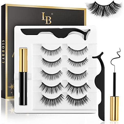 Magnetic Eyelashes, Larbois 5 Paires Mangetic Lashes Natural Look with Magnetic Eyeliner, Self Adhesive&Reusable Fake Eyelashes With Applicator and Tweezers Kit, Waterproof Long-Lasting No Glue Needed