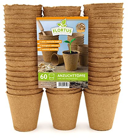 FLORTUS 8 cm Anzuchttöpfe rund auf Holzfaser Basis | 60 Stück | Pflanztöpfe für nachhaltige Gartenarbeit | 100% biologisch abbaubar und torffrei | Ideal für die Aussaat von Gemüse, Obst und mehr