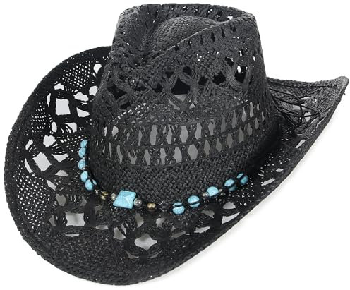 EOZY Men & Women's Summer Cowboy Cowgirl Straw Hat Hollow Out Style Roll Up Brim Beach Sun Hat for Ladies Black