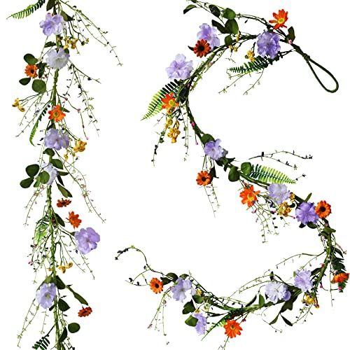 LVLFOR 2xkünstliche Wildblumen-Girlande, künstliche Gänseblümchen-Girlande, 1.8 m, künstliche Blumen, hängende Rebe, lila Blumen, Efeu, Frühlingsgirlande mit Eukalyptus, Boston, Party, Heimdekoration
