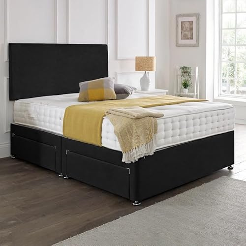 SANA SLEEP Premium Plain Fabric Divan Bed Set With Mattress, 2 Drawers (Same Side) and Headboard 5FT King - Black Leather