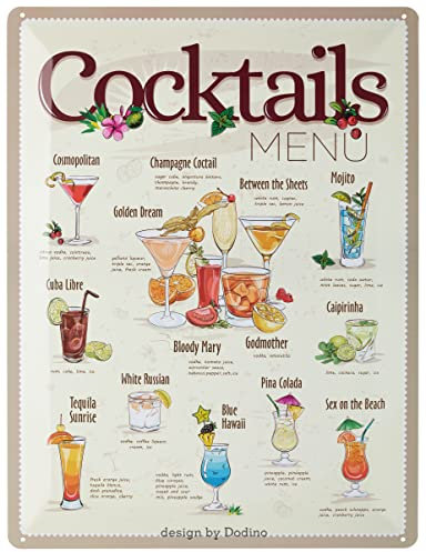 Dodino 30x40cm blechschilder COCTAIL MENU REZEPT, Dekoratives Wohnaccessoire, Deko Metallschild Schild für alle Bar Theke oder Pub Besitzer