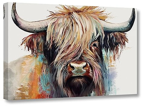 CCWACPP Bunter Highland Kuh Leinwanddruck Tier Wandbilder abstraktes Highland Rinder Gemälde Bauernhaus Badezimmerdekor 45L x 30B cm