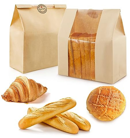 60pcs Paper Bread Bags for Homemade Bread, Paper Bakery Bag for Baked Food Packaging Storage, Large Kraft Bread Storage Bags with Window for Sourdough Loaf Cookie, Label Seal Sticker included Pack of